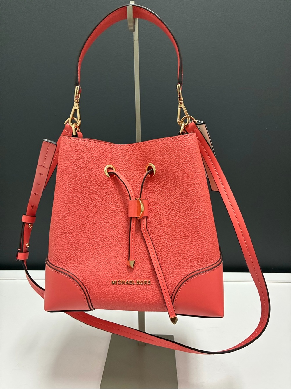 Michael Kors Coral-Red Pebbled Leather Drawstring Bucket Shoulder Bag